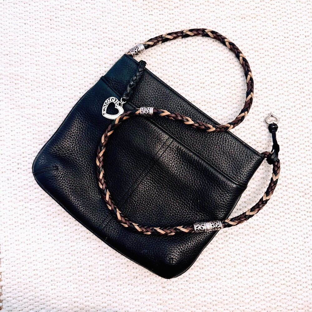 Brighton Black Pebbled Leather Crossbody Bag Braided Strap Heart Charm